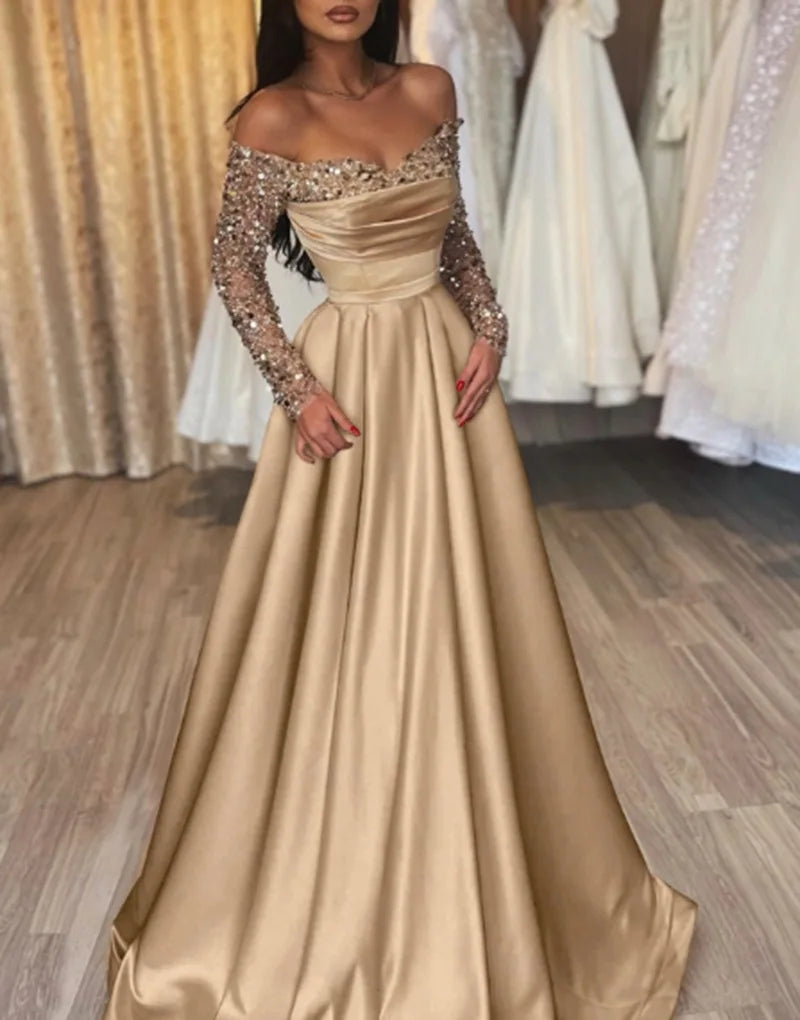 Langärmliges, glitzerndes Pailletten-Abendkleid 2026, formelles Party-Dinner, Bankett, Host-Kleider, elegantes, schulterfreies, bodenlanges Kleid