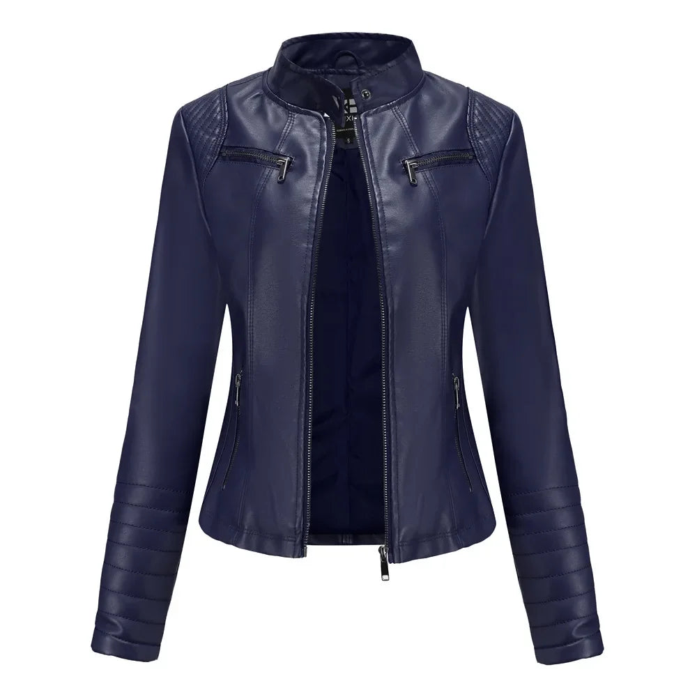 New 20 Women's Leather Jacket Thin Motorcycle Style Short Fashion Women's Jacket Stand Collar Full Sleeve from Mainland China