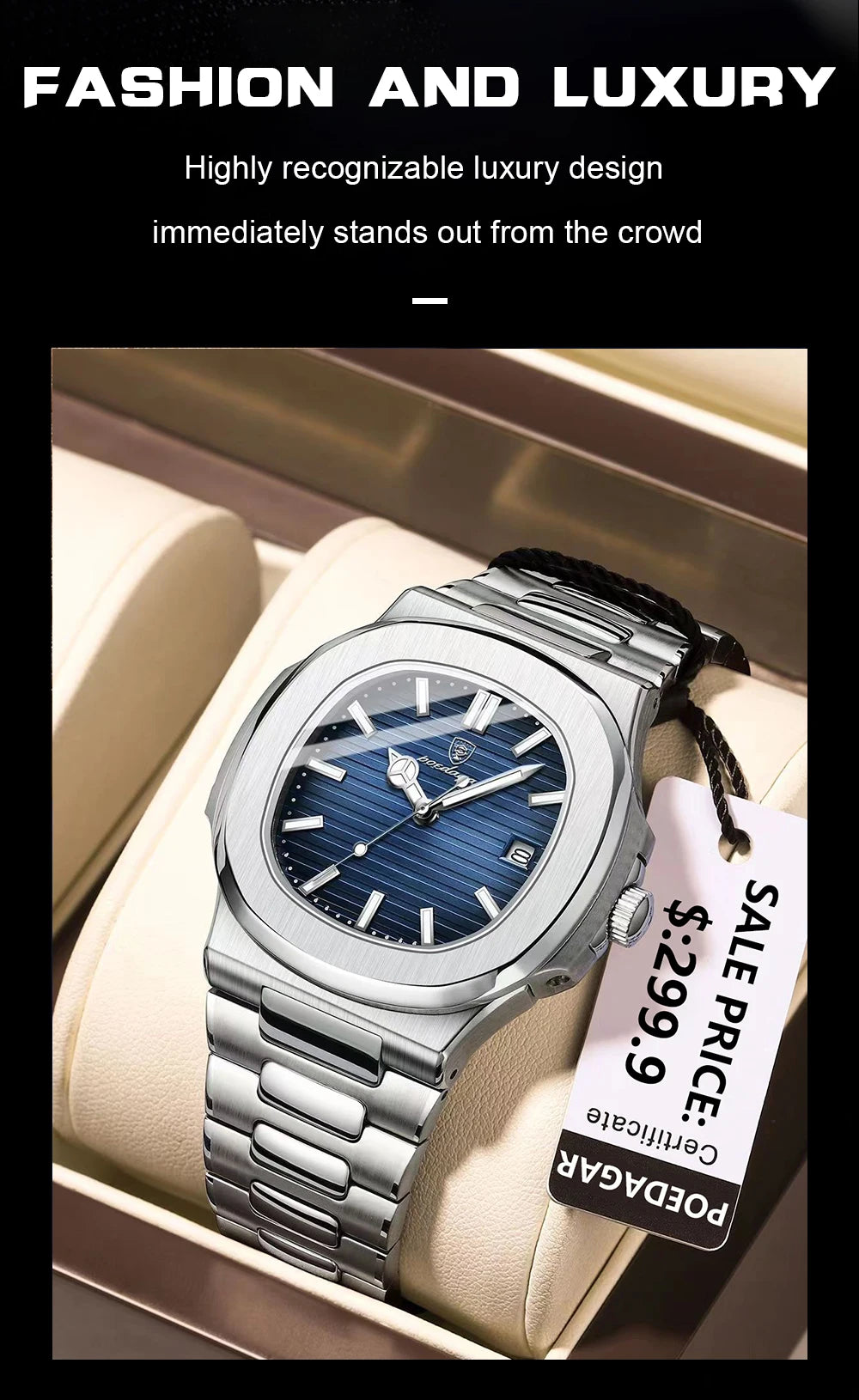 POEDAGAR Luxus Casual Uhr Top Marke Fashion Square Zifferblatt Edelstahl Kalender Leuchtende Wasserdichte Männer Uhr Männliche Uhr + Box