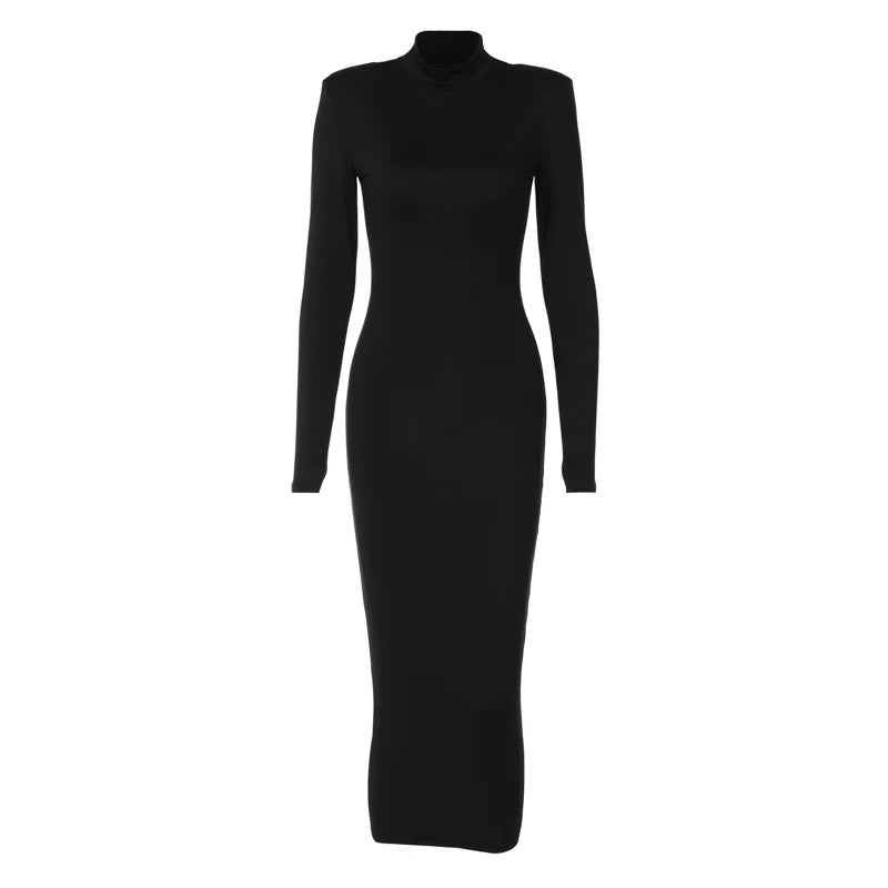 Hugcitar Frauen Mode Rollkragen Lange Ärmel Schwarz Sexy Bodycon Maxi Prom Kleid Herbst Casual Kleidung Streetwear Party Festival