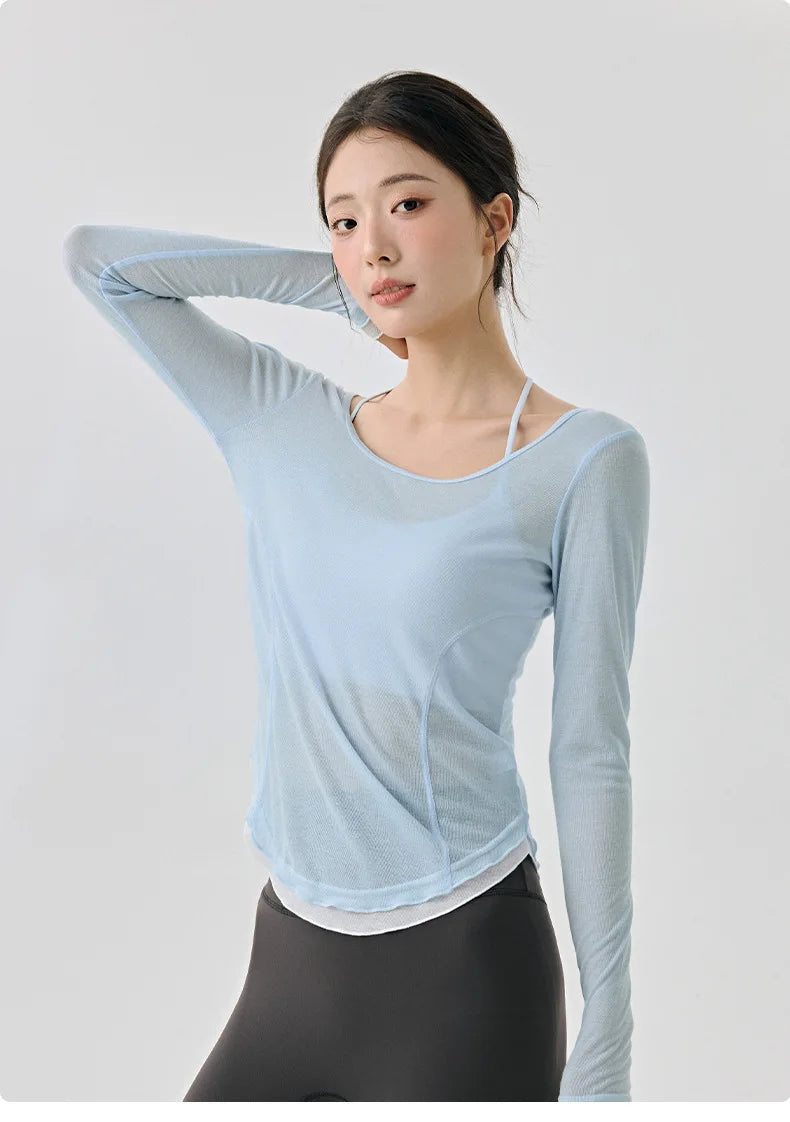 Frauen Fitness Gym Yoga Tops leichte atmungsaktive sexy rückenfreie langärmelige Sport Tops Cover-up T-Shirt Damenbekleidung