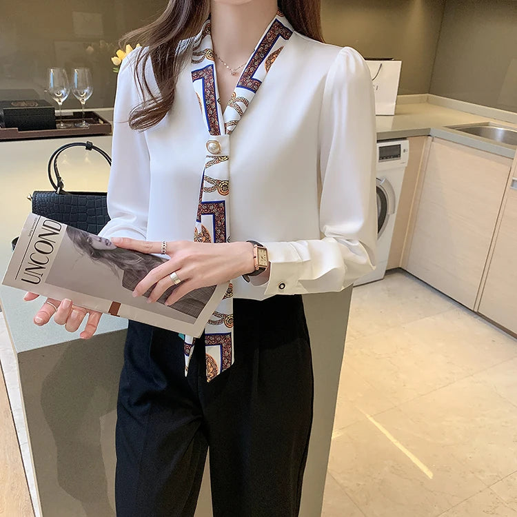 H Han Königin Frühling Chiffon Einfache Büro Dame Bluse Weibliches Hemd Bogen Tops Langarm Casual Koreanische OL Lose Blusen Frauen