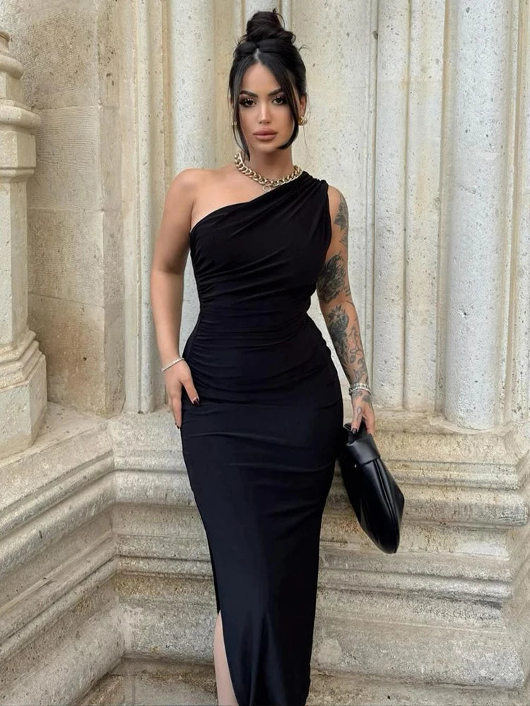 Damen Maxikleider Sexy Geschlitztes Schwarzes Ärmelloses Rückenfreies Schmales Kleid Sommer Damenmode Schulterfreies Club Elegantes Partykleid