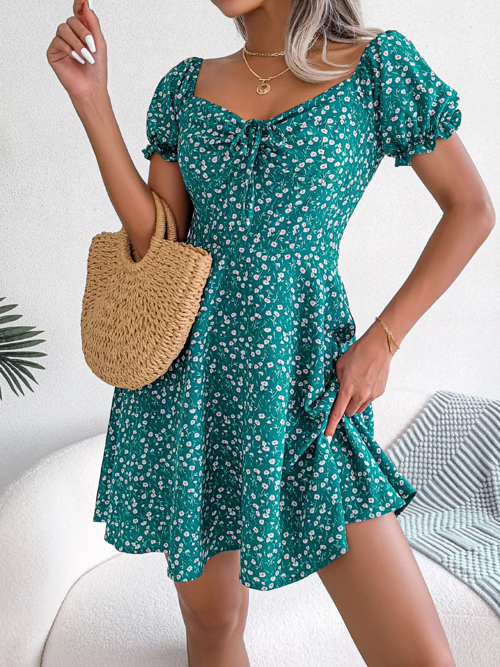 Sommer Blumendruck Kurzes Kleid Bufftrly Ärmel Retro Damenkleider Mode Lässig Square Neck Tunika Strandkleid Elegant Chic