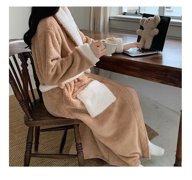 Verdickte Korallen Fleece Robe frauen V-ausschnitt Gürtel Langarm Mid-länge Süße Stil Warme Hause Kleidung Winter Saison