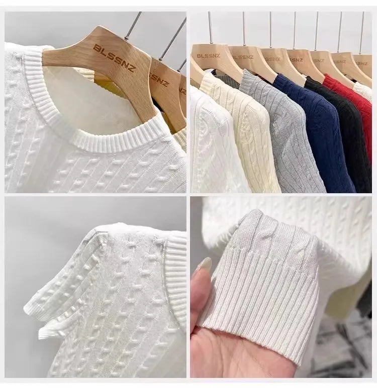 Zjaiss 2026 Sommer Koreanisches Retro Elegantes Textur-Kurzarm-Oberteil mit O-Ausschnitt und Zopfmuster für Damen – Weiches, lässiges, vielseitiges, dünnes T-Shirt