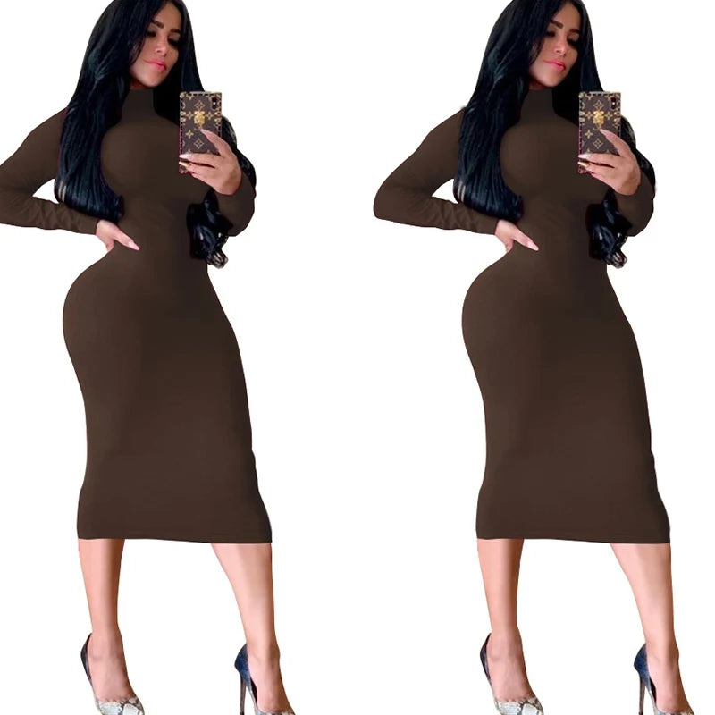 Winter Schwarz Rollkragen Sexy Frauen Kleid Herbst Langarm Dünne Midi Boydcon Casual Blau Plüsch Knie-Länge Party