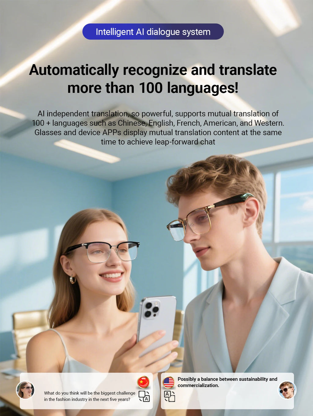 AI Simultaneous Translation Smart Wireless Bluetooth Glasses Anti-Blue Light Glasses Music Play Phone Answering Multi-functional
