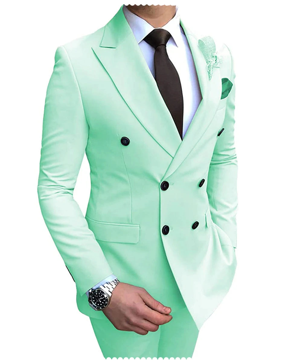 2024 Neuer beigefarbener Herrenanzug, 2-teilig, zweireihig, Reverskragen, flach, schmale Passform, lässiger Smoking für Hochzeit (Blazer + Hose)