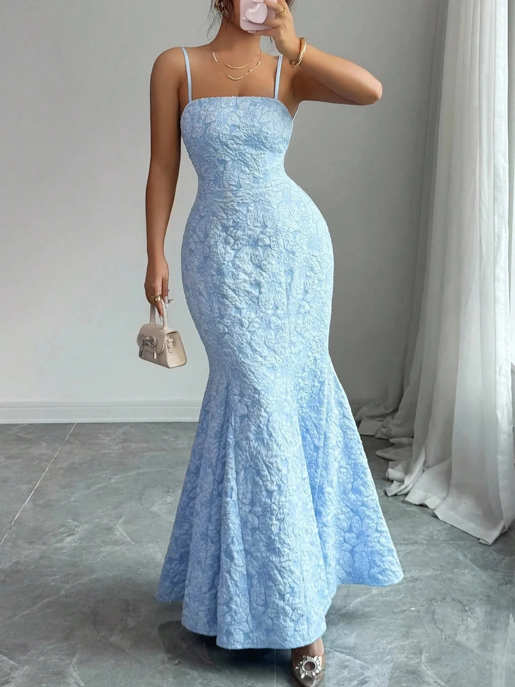 Damen Meerjungfrauenkleid Hellblau mit Spaghettiträgern, rückenfrei, Schnürung, Maxirock, formelles Abendkleid für Frühling und Sommer