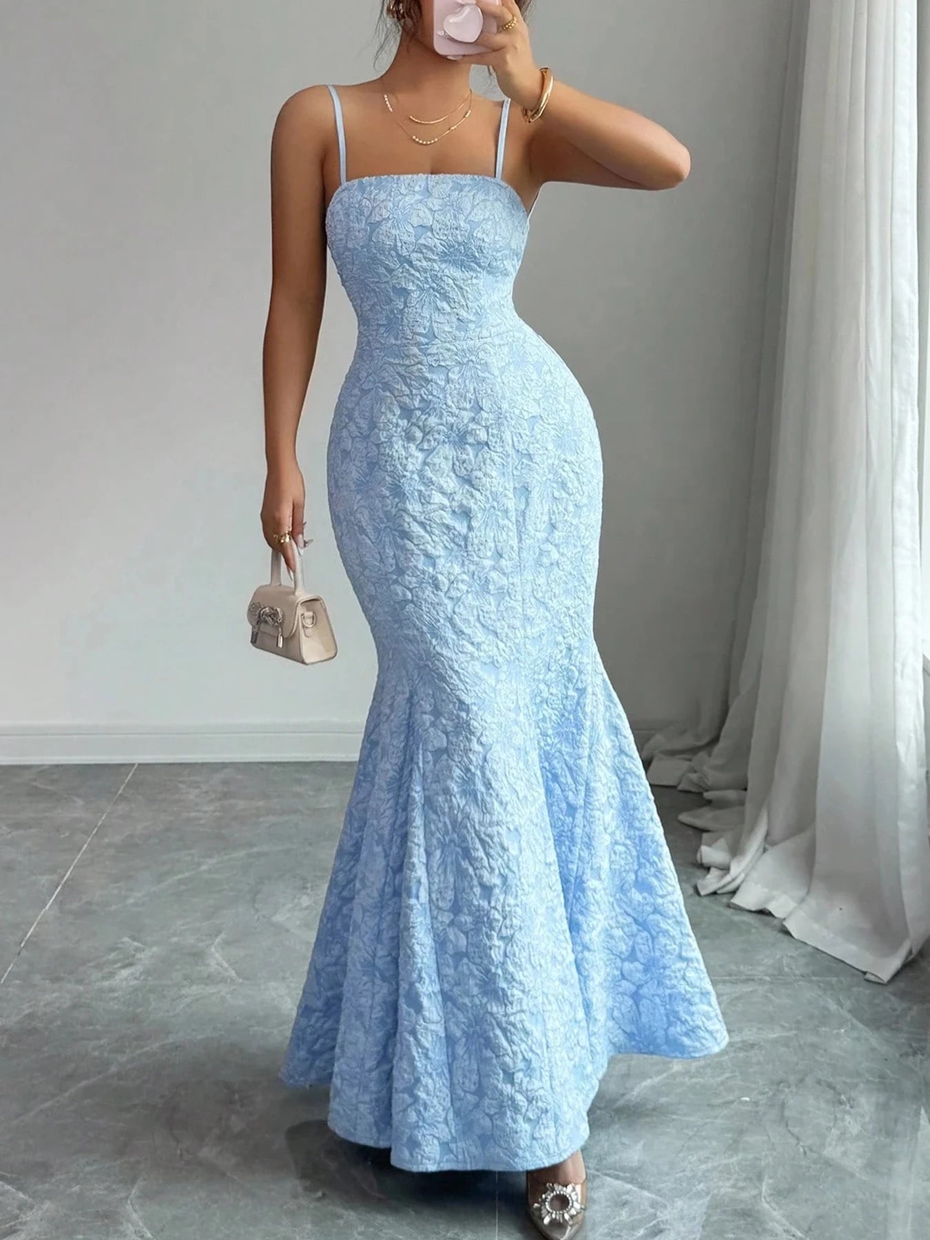 Damen Meerjungfrauenkleid Hellblau mit Spaghettiträgern, rückenfrei, Schnürung, Maxirock, formelles Abendkleid für Frühling und Sommer