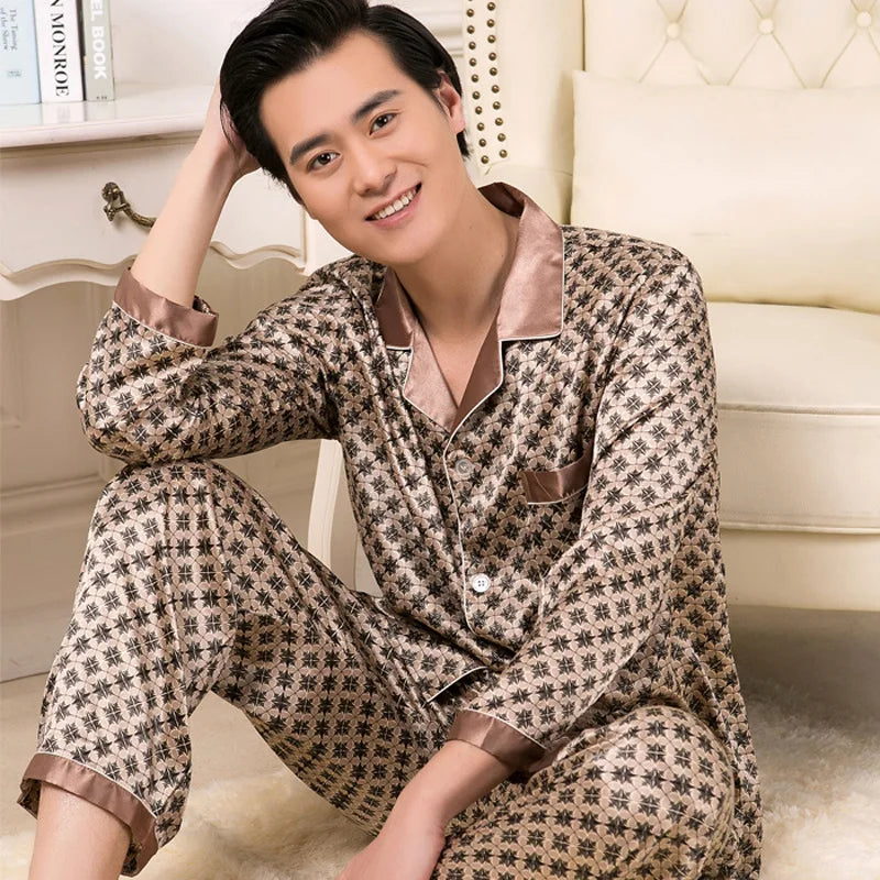 Hohe Qualität Pyjamas Set Männer Frühling Herbst Dünne Polyester Eis Seide Lange ärmeln Nachtwäsche Plus Größe Sommer Hause Kleidung männlichen