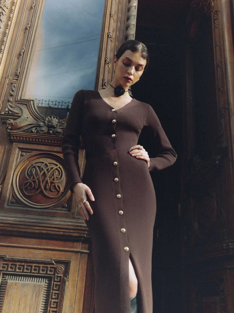 Trendix Elegantes Abendkleid für Damen, V-Ausschnitt, lange Ärmel, Patchwork, Knopf, Schlitz, Pullover, Kleider, 2024, Herbst und Winter, gestricktes Maxikleid