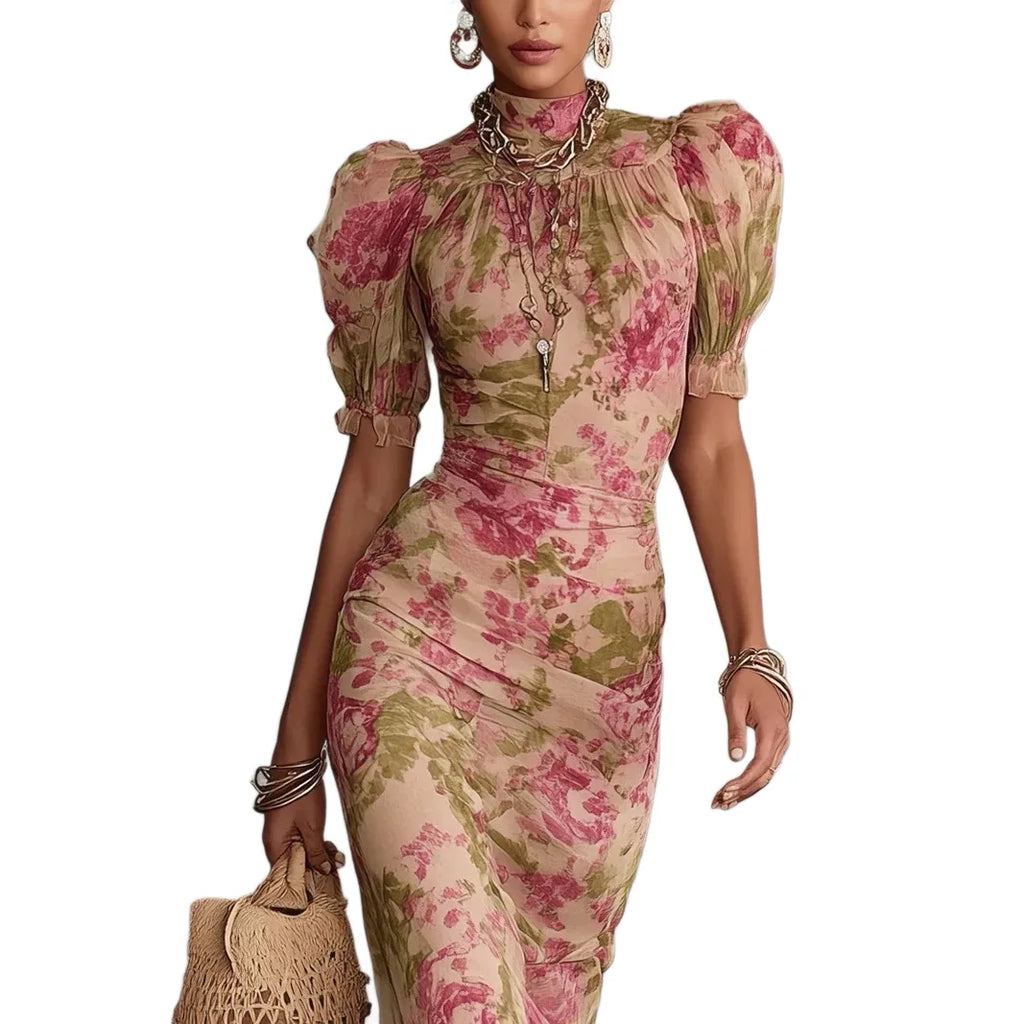 Blumendruck Mode Kurzarm Mesh Vielseitiges Elegantes Langes Kleid Damen Abendkleid Meerjungfrau Schlankes Sexy Spitzen-Splicing Abendkleid