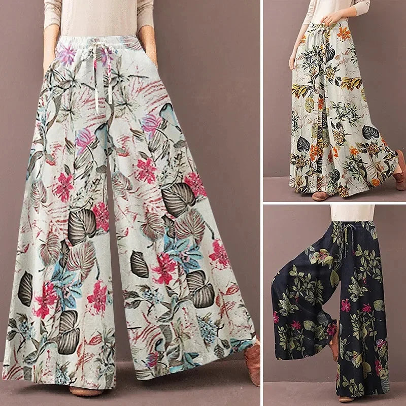 Floral Print Wide Leg Women Pants Spring Drawstring Bohemia Trousers Lady Casual Loose Elastic Waist Pantalonsw Plus Size