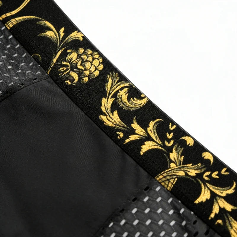 Herren Eisseide Boxershorts mit Goldblumenmuster am Bund, Atmungsaktive Unterwäsche, Schnelltrocknende Hautfreundliche Sport-Unterhose in Übergröße für den Sommer