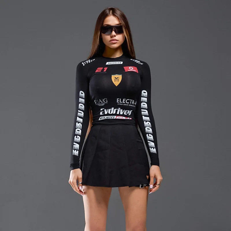 Oshfall European and American hot girls 2024 autumn new motorcycle style letter print round neck long sleeve slim women's tops