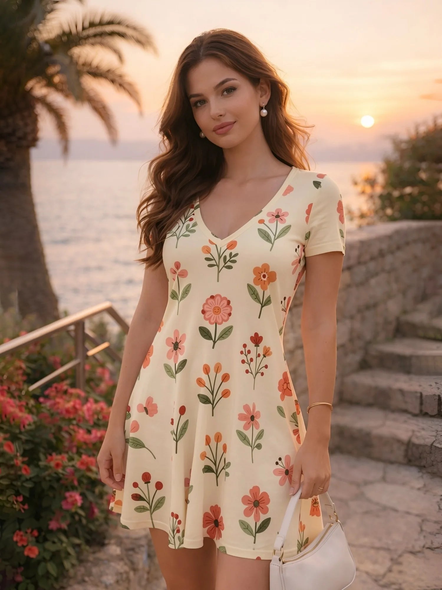 Damen-Minikleid mit V-Ausschnitt und Blumendruck, kurzärmelig, lässig, für den Alltag, Urlaub, Sommerkleid, Outfit, Garderobe, elegant, luftig, weich, bequem, schick