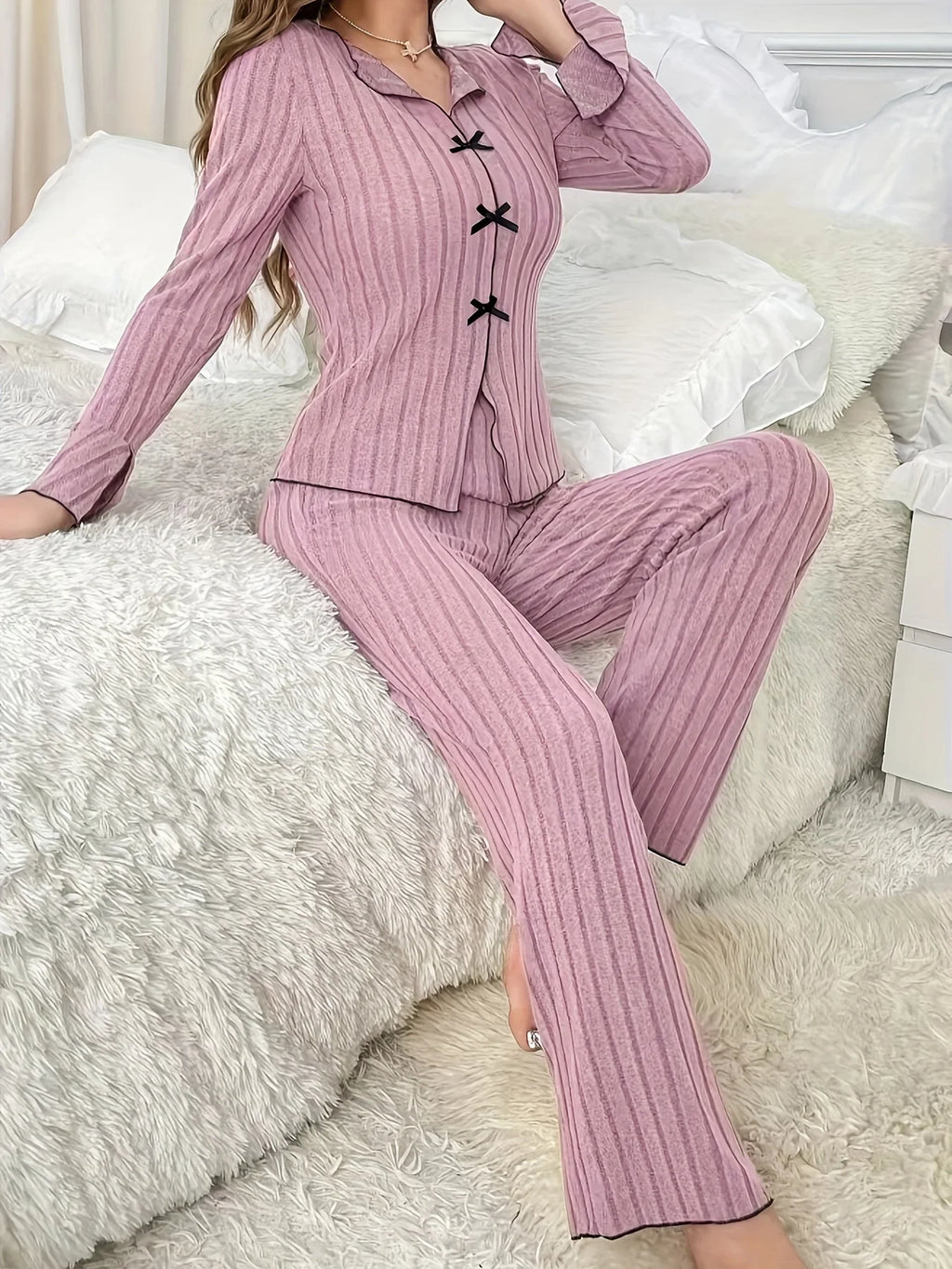 2-teiliges Damen-Pyjama-Set für Herbst und Winter, reine Farbe, elegante Schleife, einfache langärmelige Hose für Damen