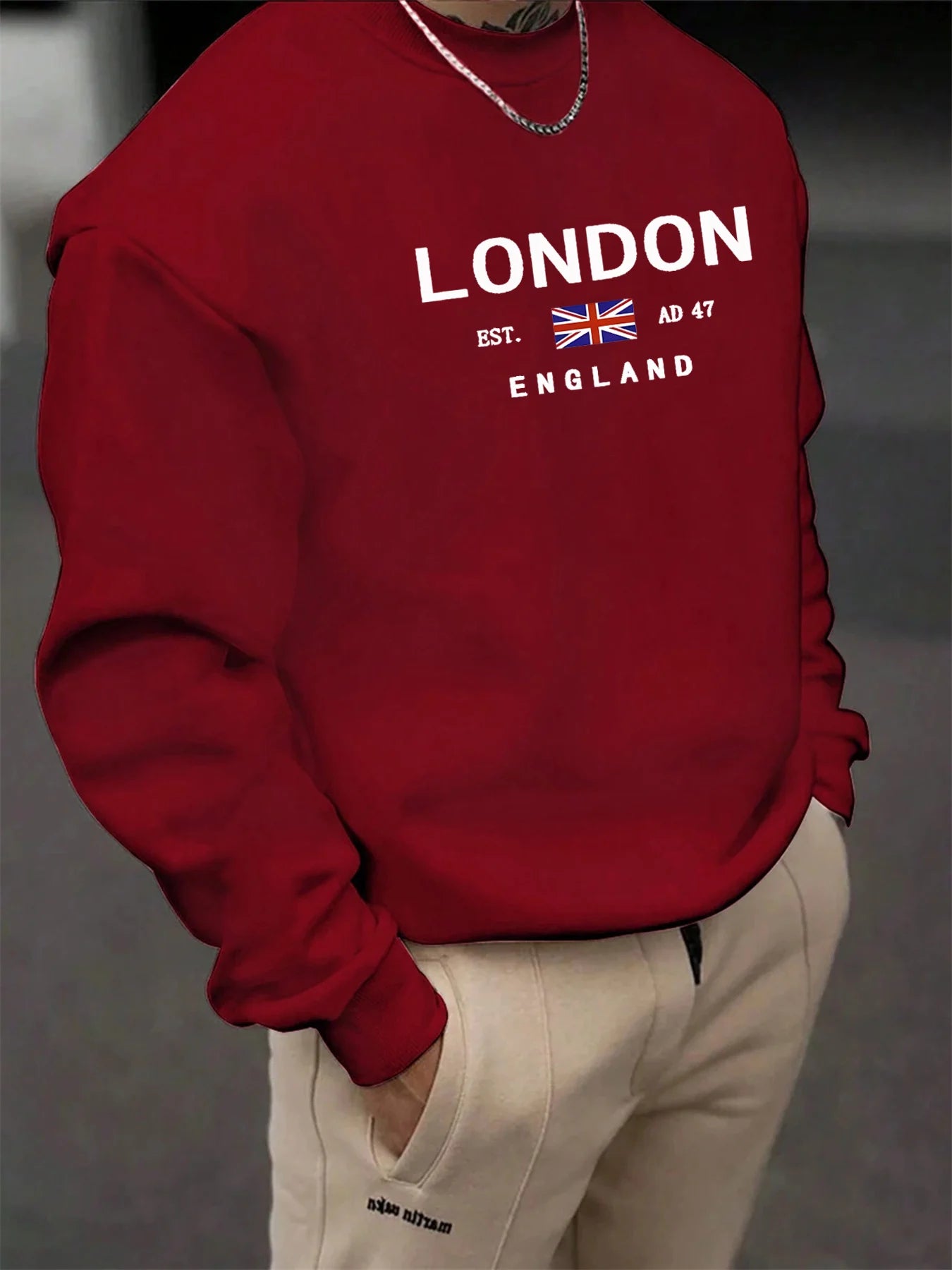 Herren-Herbst- und Wintermode, lässig, locker, London England-Muster, bedruckt, langärmelig, Rundhalsausschnitt, Sportbekleidung