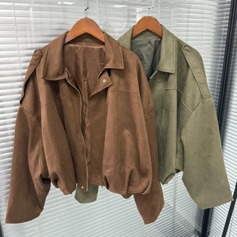 Wildlederjacke im Retro-Stil, Reißverschlusskragen, Oberbekleidung für Damen, mittlere Dicke, lange Ärmel, Street Fashion, lockere Passform, Herbst und Winter