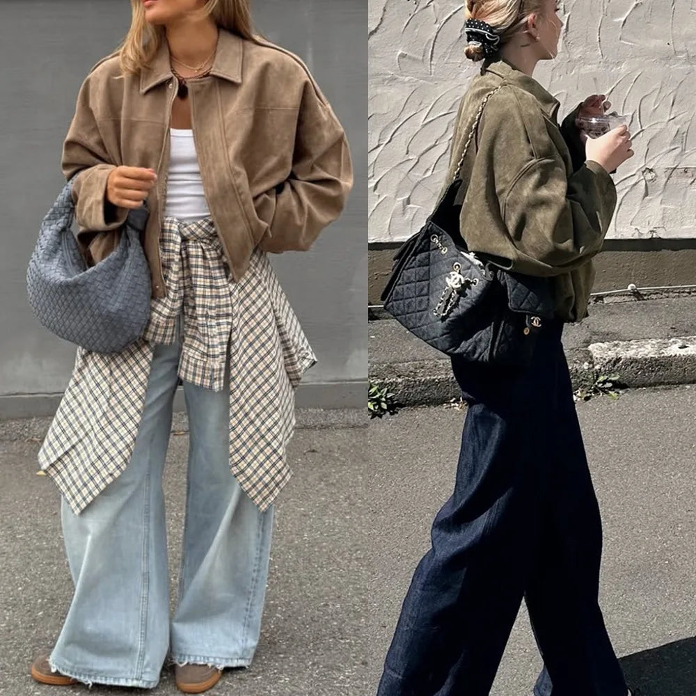Wildlederjacke im Retro-Stil, Reißverschlusskragen, Oberbekleidung für Damen, mittlere Dicke, lange Ärmel, Street Fashion, lockere Passform, Herbst und Winter