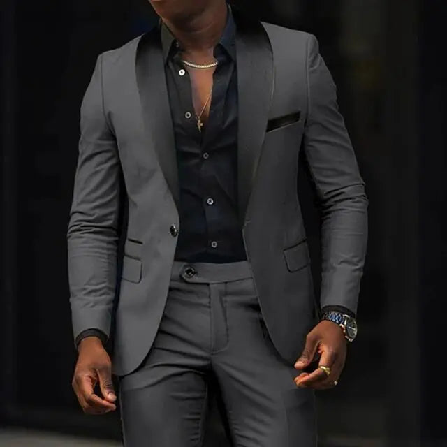 Lässige 2-teilige Herren-Hochzeitsanzüge, solide Slim-Fit, Schalkragen, Blazer, Hose, Designs, Party, Abschlussball, Anzüge, Trauzeuge, Business-Kleidung