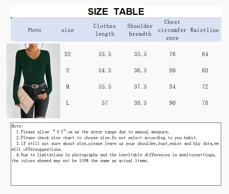 Slim Fit V-Neck Knitted Jumper Long Sleeve Top for Women Sexy Trendy Pullover Casual Wear