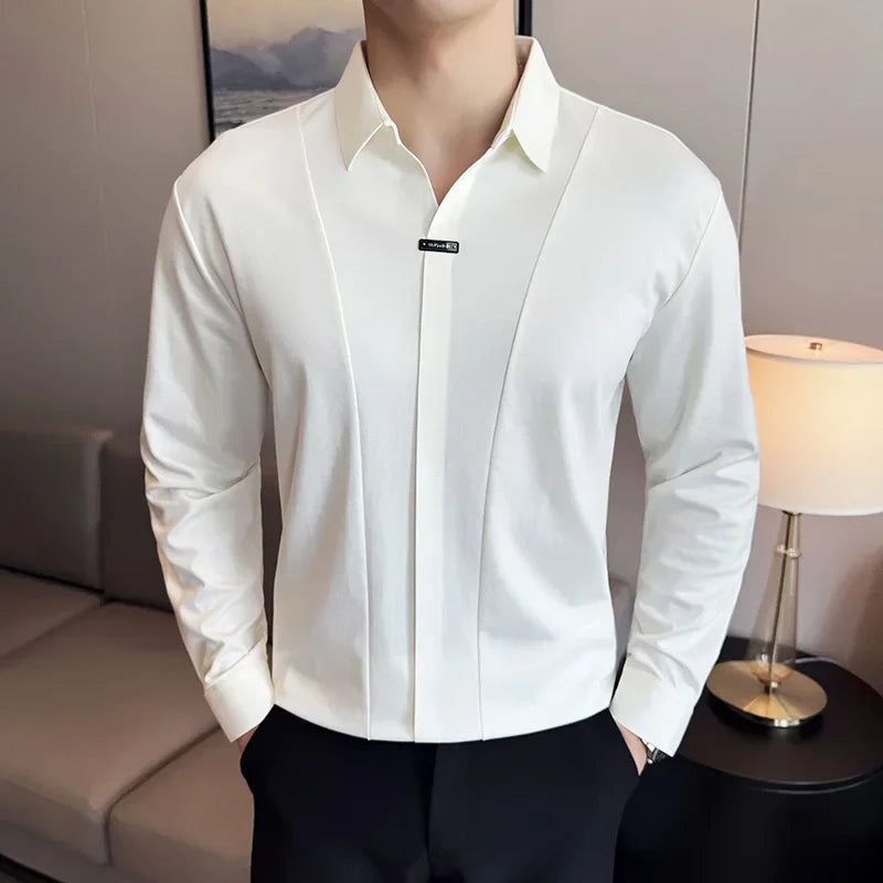 Herren-Poloshirt mit langen Ärmeln, 2026, Frühling, britischer Stil, einfarbig, elastisch, schmale Passform, T-Shirt, formelle Kleidung, Poloshirt, Herrenbekleidung