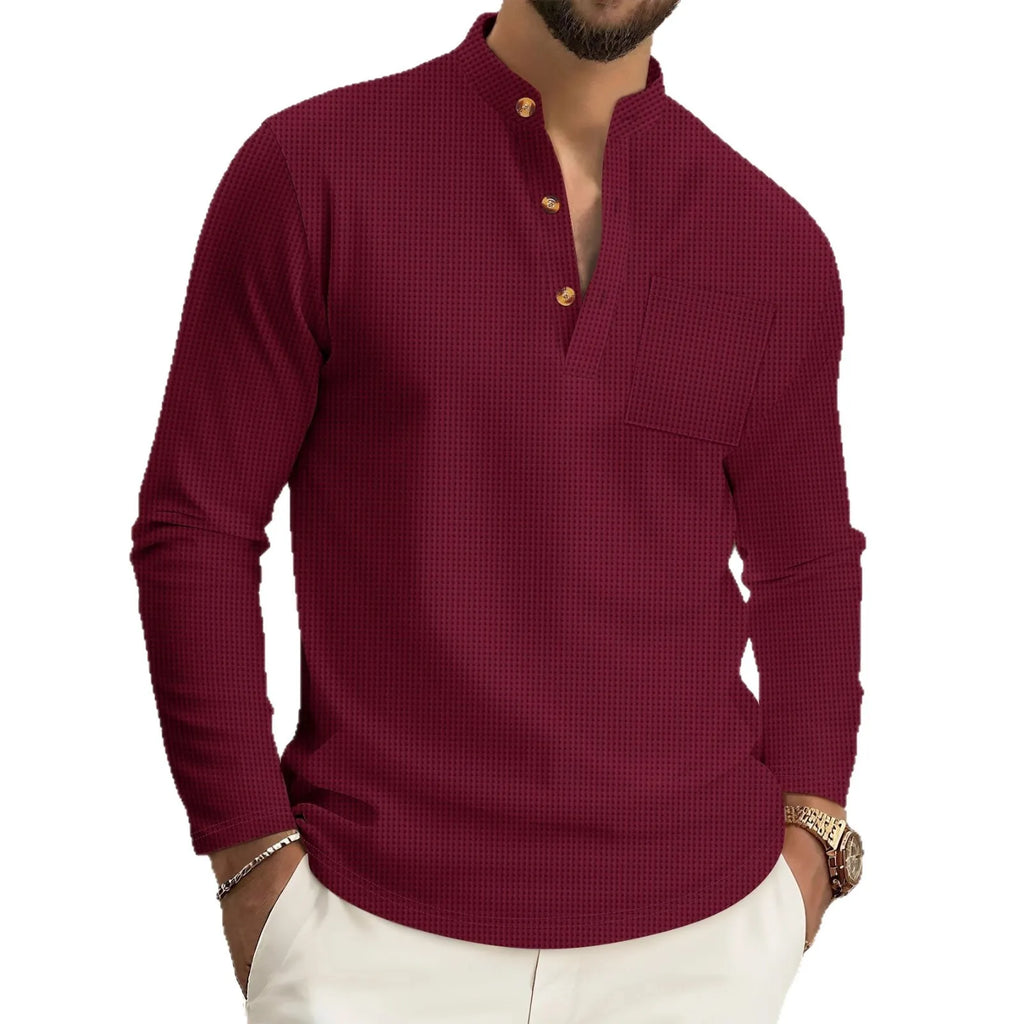 Lässiges Herren-Langarmhemd mit Waffelkaro, Stehkragen, Knopf-Halbstrickjacke, atmungsaktives und bequemes Hemd für den täglichen Gebrauch