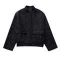 Women's Sequined Bomber Jacket Fall New Round Neck Long Sleeve Pocket Stretch Hem Sequins Jacket Coat Female Chic Outerwear