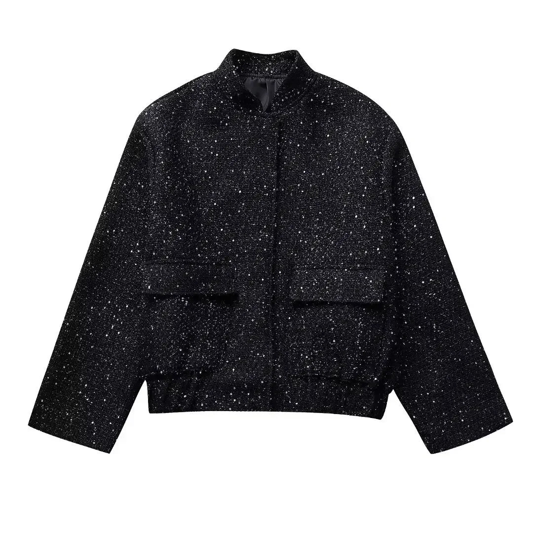 Damen Pailletten Bomber jacke fallen neue Rundhals ausschnitt Langarm Tasche Stretch Saum Pailletten Jacke Mantel weibliche schicke Oberbekleidung