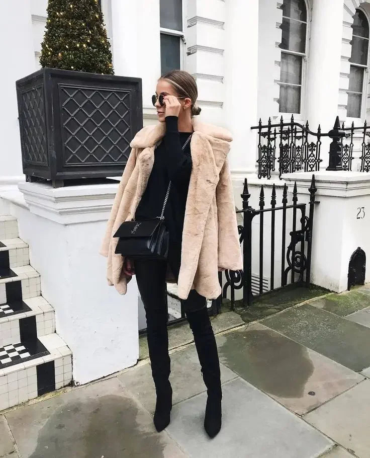 Mittellanger Kunstpelzmantel für Damen, Winter-Plüschjacke, Übergrößenmantel, flauschige Reversjacke, weibliche Oberbekleidung, flauschiges Oberteil