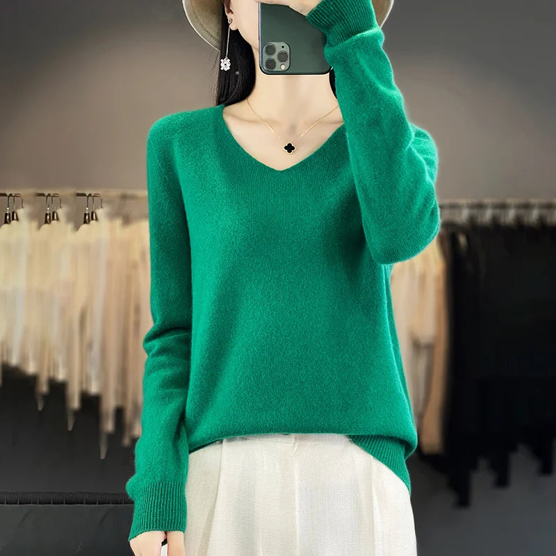 Frauen 100% Merinowolle Pullover V-Ausschnitt Basic Pullover Herbst Winter Kaschmir Kleidung Langarm weiche Strickwaren Tops einfarbig