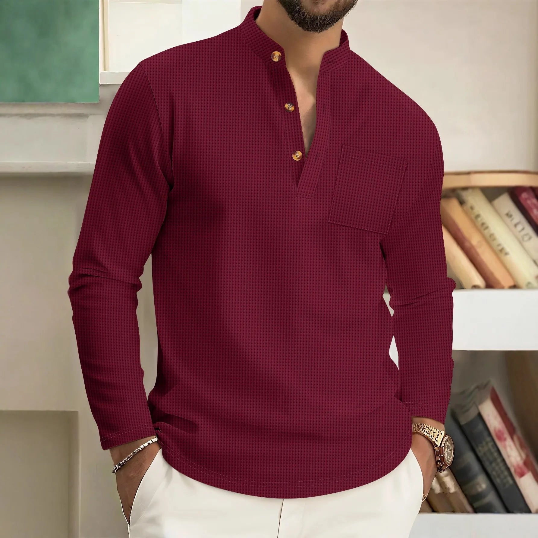 Lässiges Herren-Langarmhemd mit Waffelkaro, Stehkragen, Knopf-Halbstrickjacke, atmungsaktives und bequemes Hemd für den täglichen Gebrauch