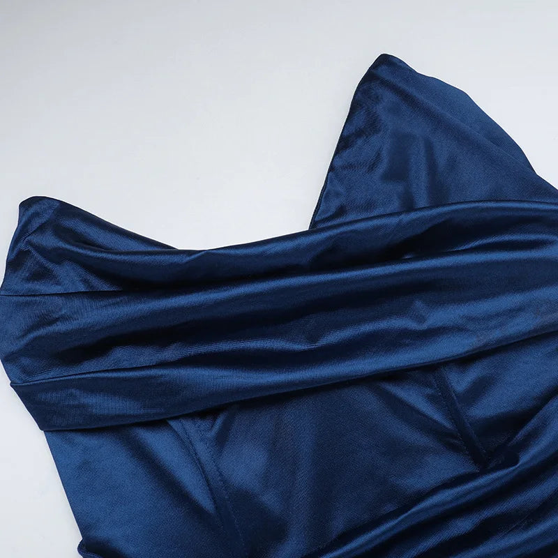 Elegantes Trägerloses Einfarbiges Abendkleid Schickes Satin-Korsettkleid für Damen V-Ausschnitt Geschlitztes Blaues Langes Kleid Damen Sommer-Partykleid