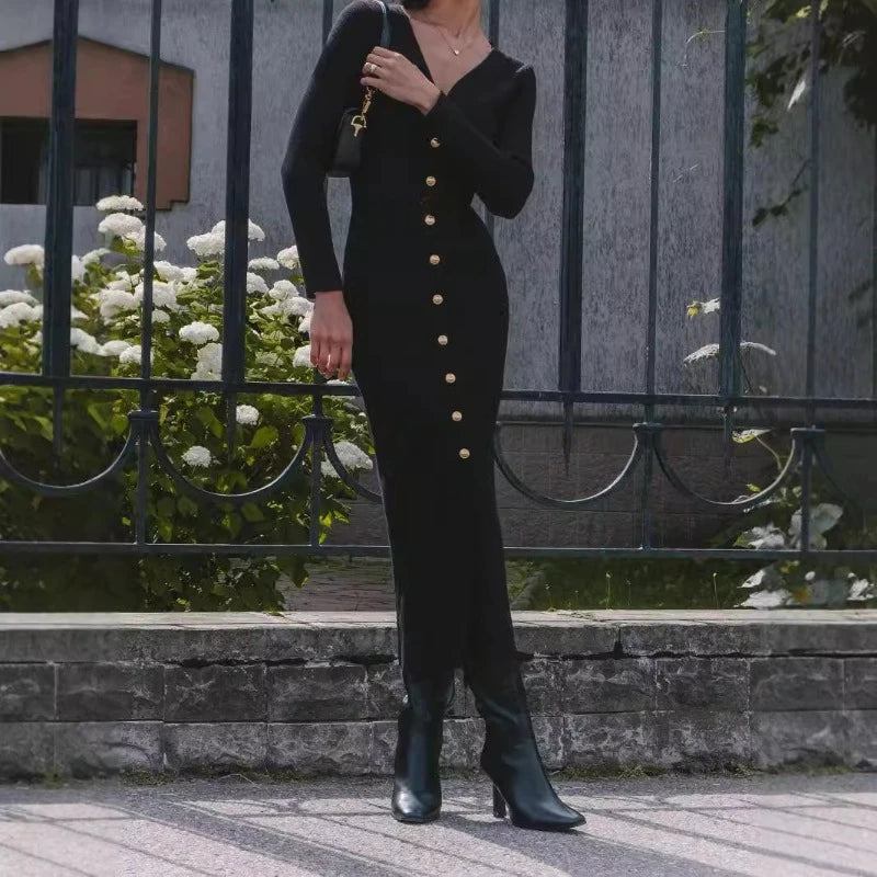 Trendix Elegantes Abendkleid für Damen, V-Ausschnitt, lange Ärmel, Patchwork, Knopf, Schlitz, Pullover, Kleider, 2024, Herbst und Winter, gestricktes Maxikleid