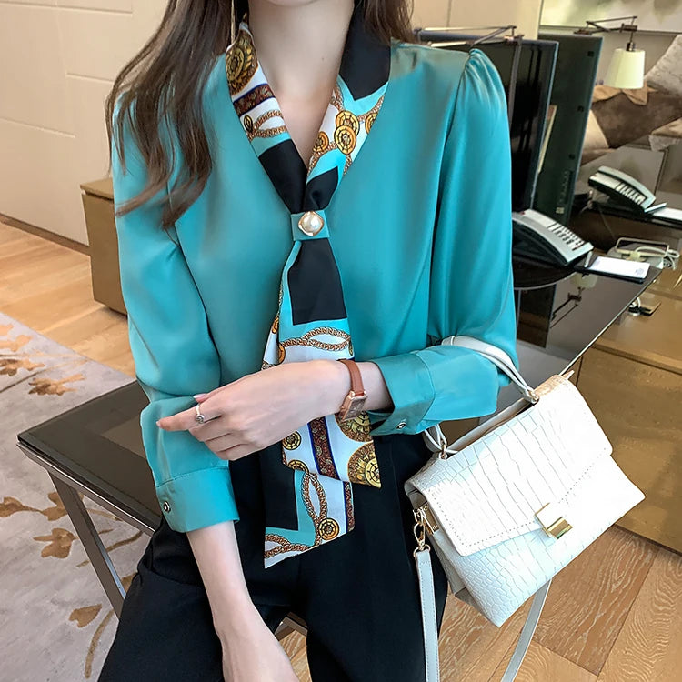 H Han Königin Frühling Chiffon Einfache Büro Dame Bluse Weibliches Hemd Bogen Tops Langarm Casual Koreanische OL Lose Blusen Frauen