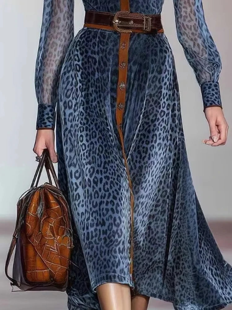Frauen Elegantes Kleid Leopard Gedruckt Mesh Kleid Colorblock Revers Kragen Einreiher Vintage Chic Langarm Kleid