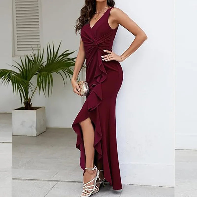 Sexy Schlitz, Rüschen, ärmellos, Abendkleider für Damen, modisch, V-Ausschnitt, schlank, plissiert, elegantes weibliches Maxi-langes Kleid 2025,