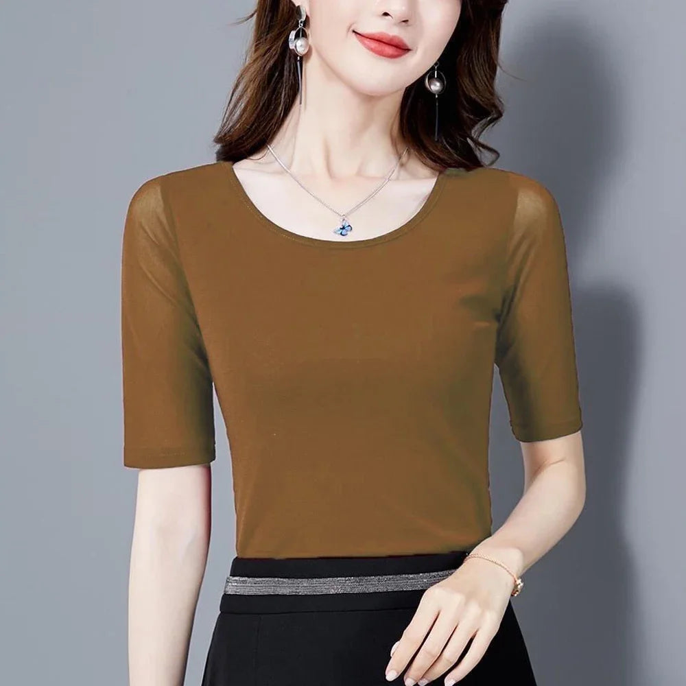 S-3XL Purple Blue Red Green Shirt Women Transparent Mesh Short Sleeve O-neck Thin T shirt Half Sleeve O Neck Female Blouses Tops