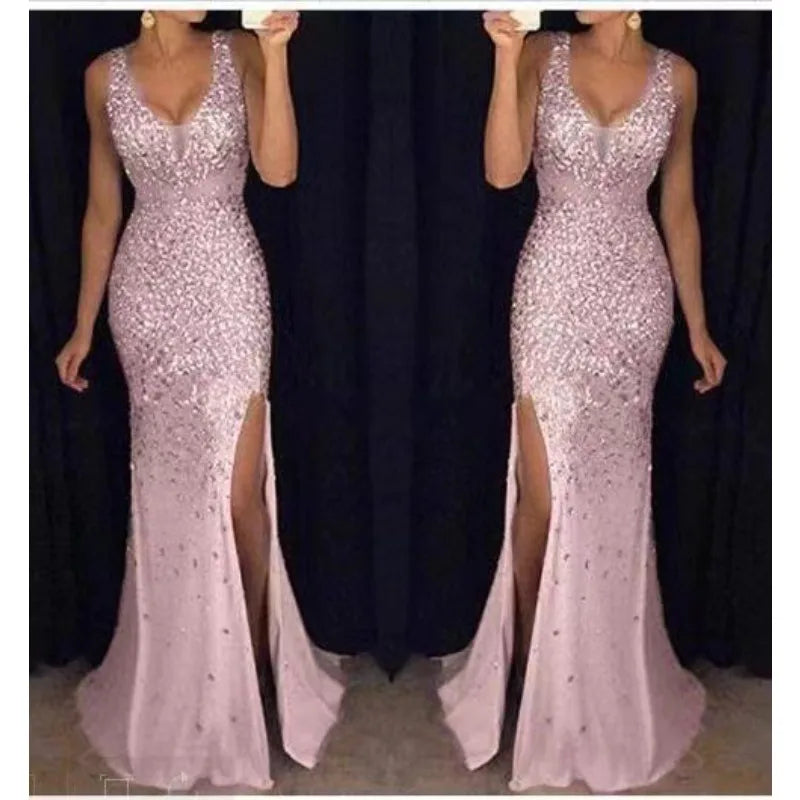 2023 neue Frauen Party Kleid Mesh Patchwork Pailletten Ärmel Split Saum Abendkleid Meerjungfrau Form Slim Fit Prom Bankett Kleid