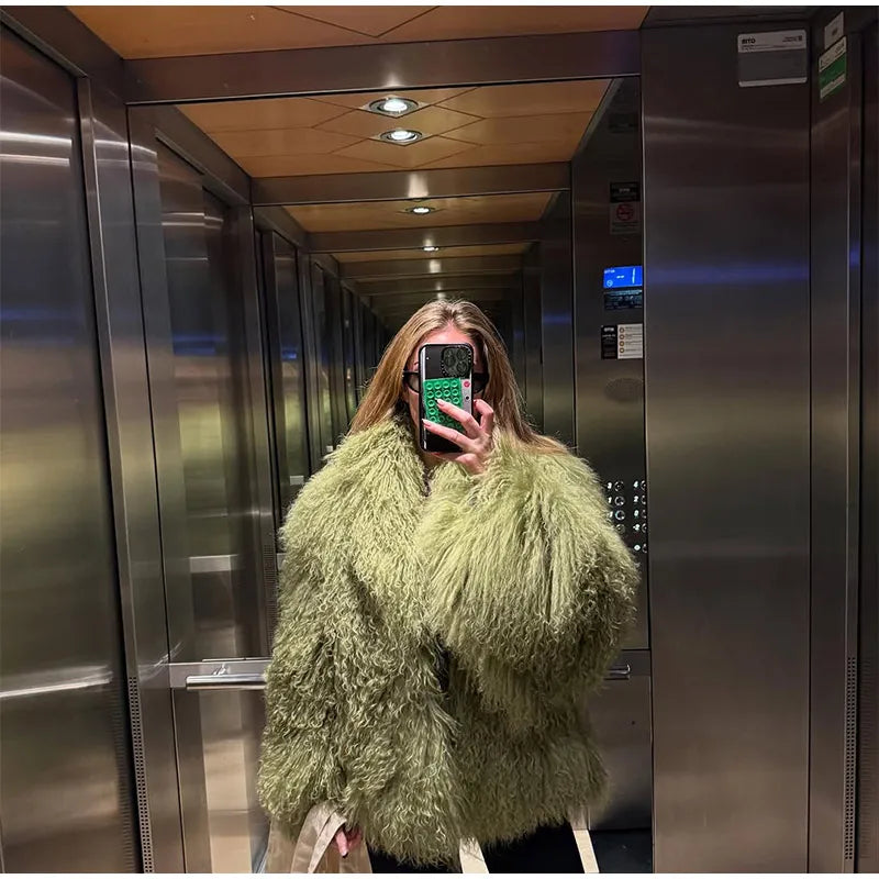 Mongolei Woolen Faux Pelz Jacke Solide Frauen Mode Drehen Unten Kragen Langarm Strickjacke Kurze Mäntel Dame Täglichen Straße Outwears