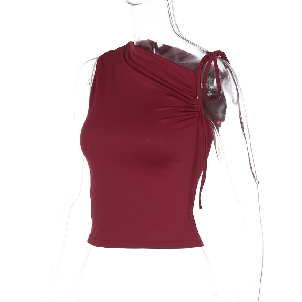 Dulzura Ärmelloses Skew Kragen Geraffte Spitze Up Bodycon Crop Top Sexy Elegante Casual Tank Party Club Streetwear Frühling Sommer