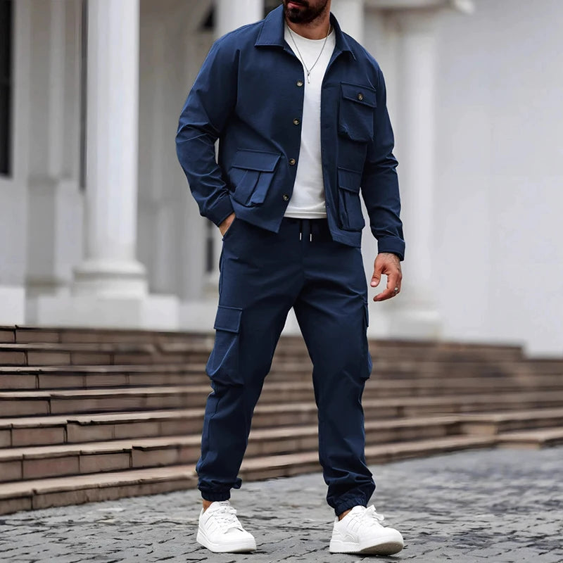 Neue amerikanische Retro-Männer-Sets, lässig, mit mehreren Taschen, langärmelig, Cargos-Jacke + gepolsterte Hose, 2-teiliger Anzug, leichter Luxus-Trainingsanzug, S-3XL