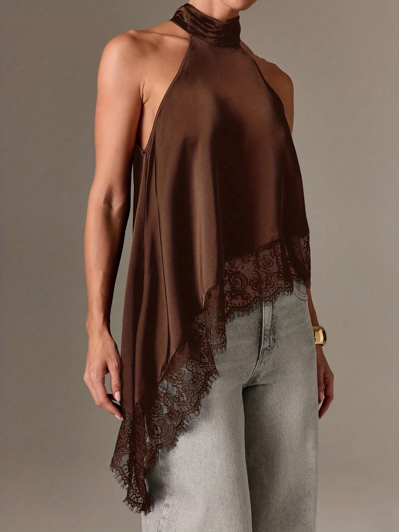Herbstmode Damen Asymmetrisches Hochgeschlossenes Rückenfreies Neckholder-Top