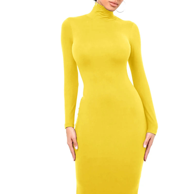 Winter Schwarz Rollkragen Sexy Frauen Kleid Herbst Langarm Dünne Midi Boydcon Casual Blau Plüsch Knie-Länge Party