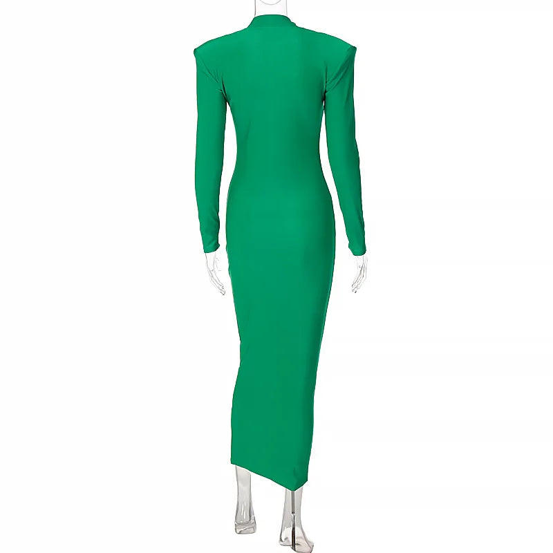 Schulter Gepolsterte Lange Hülse Bodycon Grün Party Club Maxi Lange Kleid 2024 Frühling Herbst Frauen Mode Elegante Kleidung