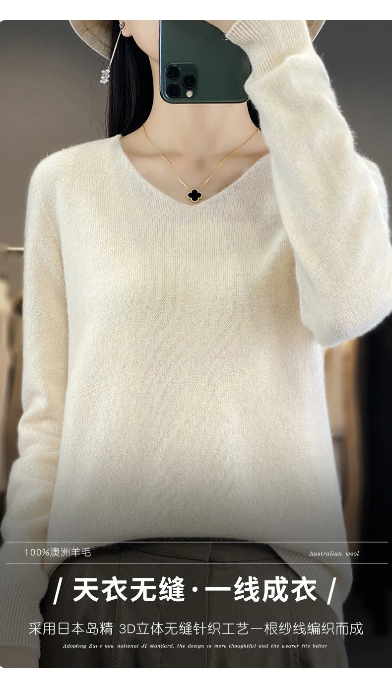 Frauen 100% Merinowolle Pullover V-Ausschnitt Basic Pullover Herbst Winter Kaschmir Kleidung Langarm weiche Strickwaren Tops einfarbig