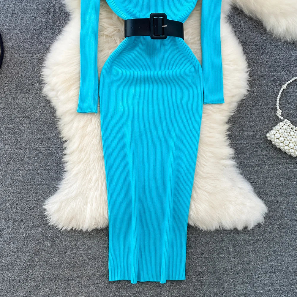 REALEFT Herbst Winter 2025, neue Rollkragen frauen Gestrickte Kleider mit Gürtel Langarm Elegante Bodycon Wrap Kleid Weibliche